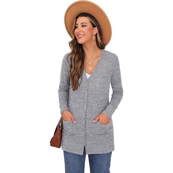 Grecerelle Womens Gray Open Front Button Down Ribbed Knit Lightweight Sweaters - Picture 3 of 5